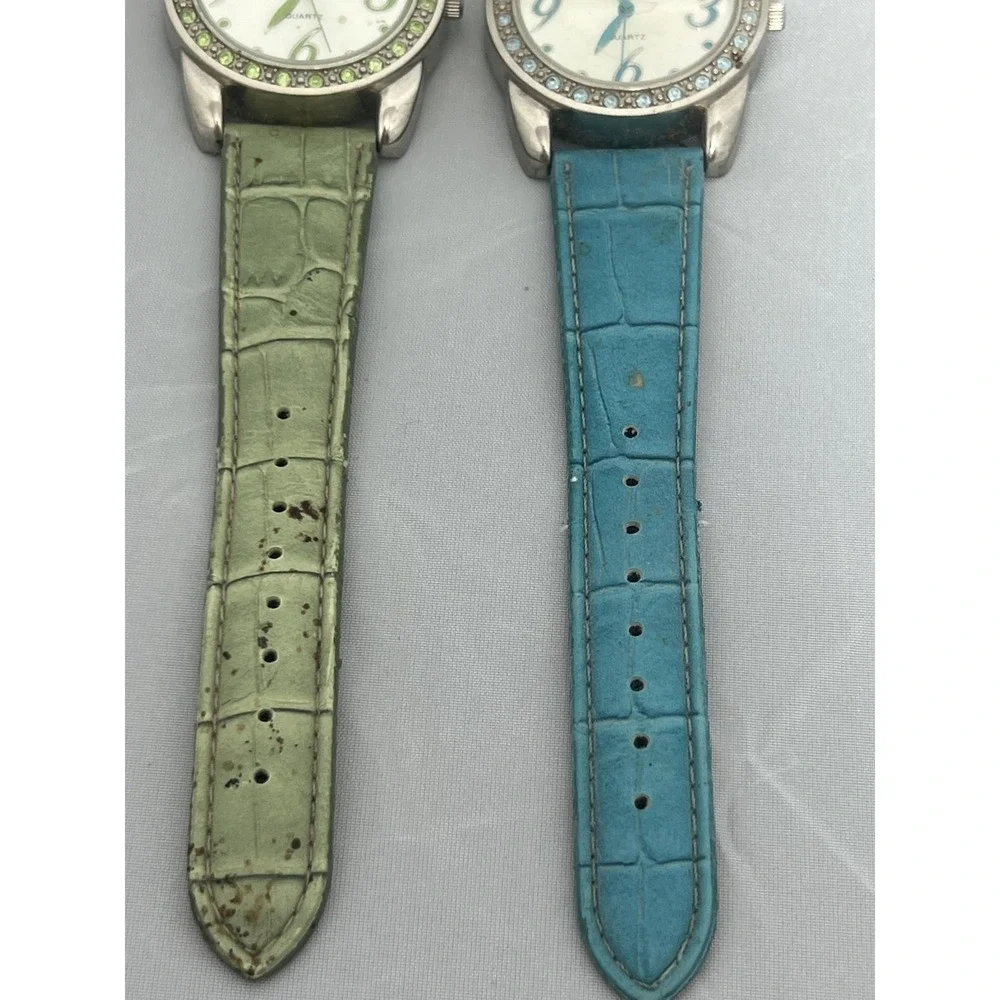 Pair of Women's Fashion Wristwatches‎ Green & Blue Bands Rhinestone Bezel